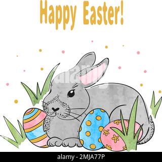 Cute watercolor Easter rabbit and eggs. Vector easter bunny illustration. Stock Vector