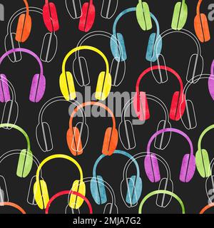 Colorful headphones on black, seamless pattern. Vector music background with earphones. Stock Vector