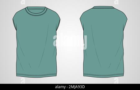 T-shirt technical Sketch fashion Flat Template With Round neckline, sleeveless oversized, tunic length Cotton jersey. Stock Vector