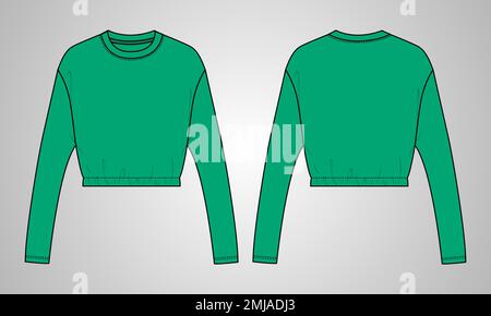 Long sleeve under bust tops crew neckline technical fashion Sketch vector Template For ladies. Flat blouse Mock up front and back Views. Stock Vector