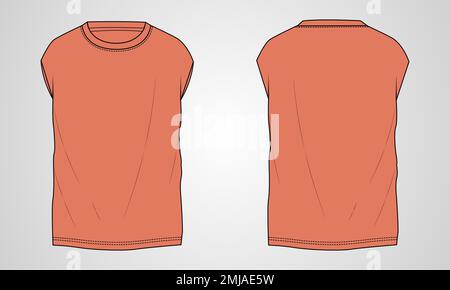 T-shirt technical Sketch fashion Flat Template With Round neckline, sleeveless oversized, tunic length Cotton jersey. Stock Vector