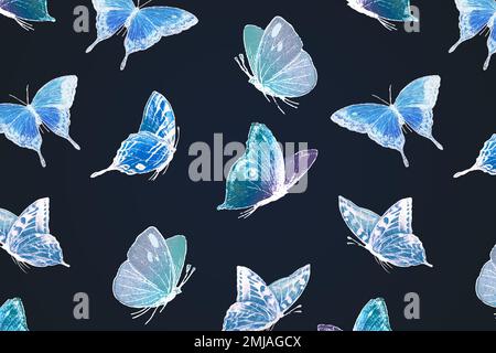 Neon butterfly pattern background, holographic blue design on black vector Stock Vector