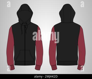 Long sleeve hoodie technical fashion Drawing sketch template front and back view. apparel dress design vector illustration mock up jacket CAD. Stock Vector