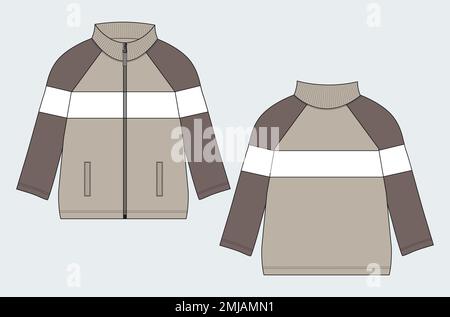 Long sleeve jacket technical fashion flat sketch vector illustration template front, back views. Warm up Apparel sweat jacket mock up. Stock Vector
