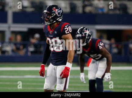 Houston Texans defensive back Xavier Crawford (28) drops back into coverage  against the Dallas Cowboys in the second half of a preseason NFL football  game in Arlington, Texas, Saturday, Aug. 24, 2019. (