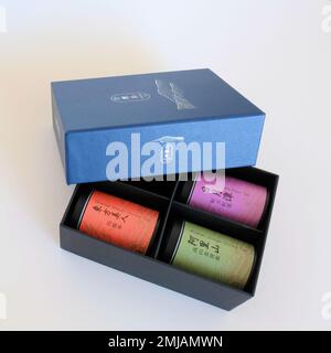 Hsin Tung Yang brand gift box set of Taiwanese teas: loose leaf Oolong and Sun Moon Lake Black Tea in tins; Taipei food service and retail company. Stock Photo