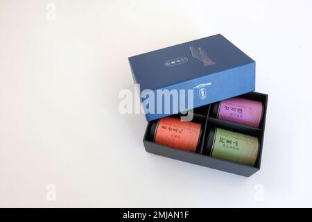 Hsin Tung Yang brand gift box set of Taiwanese teas: loose leaf Oolong and Sun Moon Lake Black Tea in tins; Taipei food service and retail company. Stock Photo
