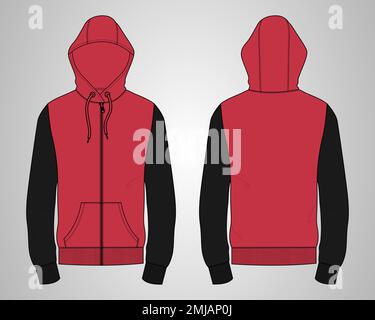 Long sleeve hoodie technical fashion Drawing sketch template front and back view. apparel dress design vector illustration mock up jacket CAD. Stock Vector