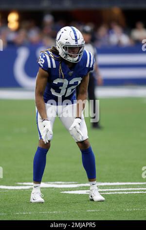 Indianapolis Colts cornerback Jalen Collins (32) lines up against the  Cleveland Browns during an NFL preseason football game in Indianapolis,  Saturday, Aug. 17, 2019. The Browns won the game 21-18. (Jeff Haynes/AP