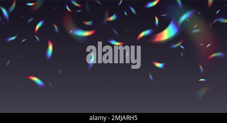 Rainbow falling confetti, holographic falling foil pieces, abstract festive background. Stock Vector