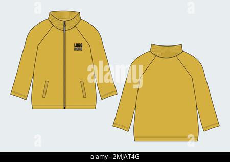 Long sleeve jacket technical fashion flat sketch vector illustration template front, back views. Warm up Apparel sweat jacket mock up. Stock Vector