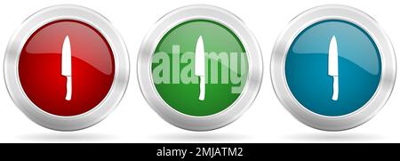 Kitchen kinfe vector icon set. Red, blue and green silver metallic web buttons with chrome border Stock Vector