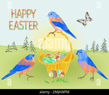 Spring easter landscape forest birds bluebirds Easter  wicker  and easter eggs and butterfly in the grass with flowers vintage vector illustration edi Stock Vector