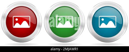 Photography, image, photo, picture vector icon set. Red, blue and green silver metallic web buttons with chrome border Stock Vector