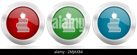 Apple on books, education, knowledge vector icon set. Red, blue and green silver metallic web buttons with chrome border Stock Vector