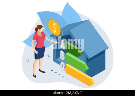 Isometric Online Bill Payment. Home Utilities Bill Payment Services Concept. Gas, Water, Electricity Supply. Save energy, pay utility bills Stock Vector