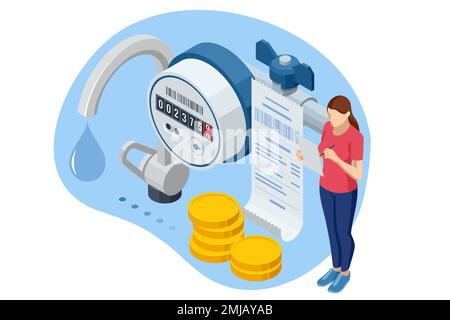 Isometric invoice, payment for cold and hot water. Utility bills and saving resources concept. Utility bills payment. People paying utility, and Stock Vector