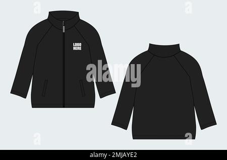 Long sleeve jacket technical fashion flat sketch vector illustration template front, back views. Warm up Apparel sweat jacket mock up. Stock Vector