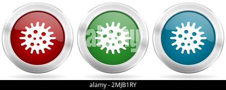 Virus, coronavirus, covid-19, infection vector icon set. Red, blue and green silver metallic web buttons with chrome border Stock Vector