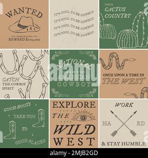 Cowboy themed social media template vector with editable text collection Stock Vector