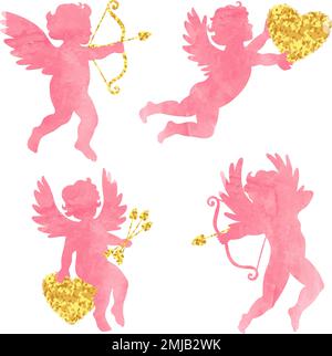 Set of watercolor angels. Cute cupids silhouettes. Valentines Day design. Vector illustration. Stock Vector