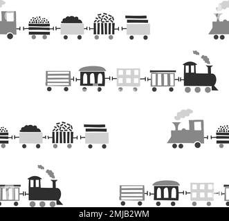 Black and white Toy trains seamless pattern. Vector background for kids design. Stock Vector