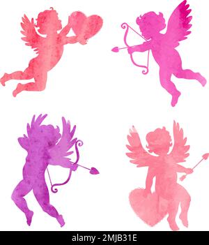 Set of watercolor Cupids isolated on white. Cute angels. Valentines Day design. Vector illustration. Stock Vector