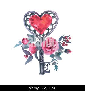 Watercolor vector illustration with old vintage key heart shaped, heart diamond crystal and roses and other flowers, isolated on white background. Coo Stock Vector