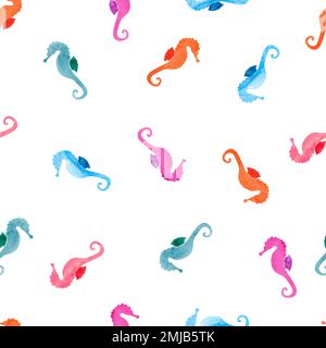 Watercolor sea horses seamless pattern. Vector colorful seahorse background. Stock Vector