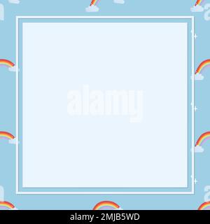 Blue square frame, cute rainbow pattern weather vector clipart Stock Vector