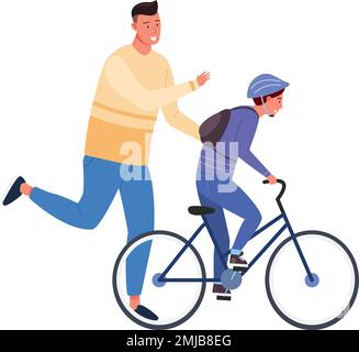 Father teaching son ride bicycle. Happy parents and kid isolated on white background Stock Vector