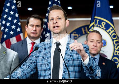 Washington, United States. 27th Jan, 2023. U.S. Representative Jared Moskowitz (D-FL) speaking at a press conference at the U.S. Capitol about the proposed Holocaust Education and Antisemitism Lessons (HEAL) Act. Credit: SOPA Images Limited/Alamy Live News Stock Photo