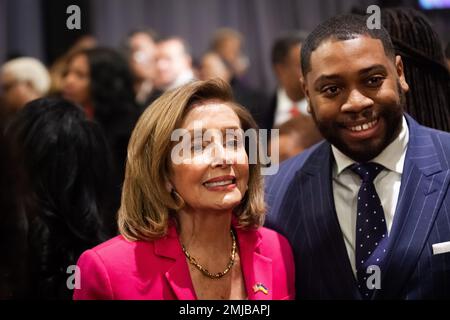 Washington, United States. 16th Jan, 2023. Former House Speaker Nancy Pelosi poses for a photo at the National Action Network's annual MLK Day breakfast. President Joe Biden was the keynote speaker at an event honoring Pelosi, Arndrea Waters King of the Drum Major Institute, Minyon Moore of Dewey Square Group, and Ray Curry of the United Automobile, Aerospace, and Agricultural Implement Workers (UAW) union for their contributions to civil rights in the United States. Credit: SOPA Images Limited/Alamy Live News Stock Photo