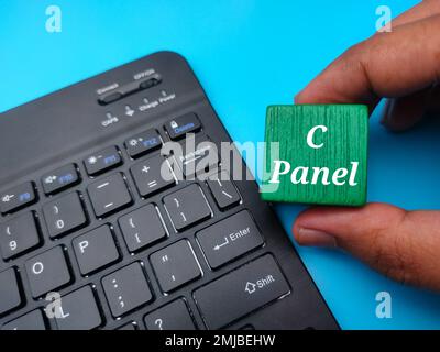 Hand holding wooden cube with the word C Panel. Stock Photo