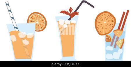 Boho summer cocktails set of hand drawn sketches. Set of flat simple summer drinks with ice in two colours: cold blue and orange. Stock Vector