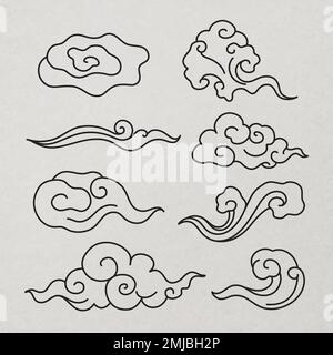 Traditional cloud sticker, black Chinese design clipart vector set Stock Vector