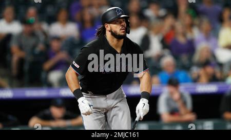 August 6 2021: Florida catcher Jorge Alfaro (38) hits a double during the  game with Colorado Rockies and Miami Marlins held at Coors Field in Denver  Co. David Seelig/Cal Sport Medi(Credit Image