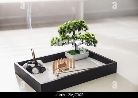 Beautiful Miniature Zen Garden on White Table Stock Photo - Image of bonsai,  mind: 166082316