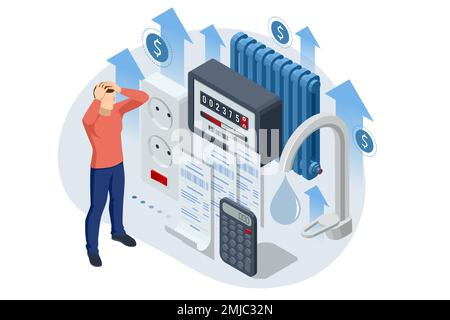 Isometric Online Bill Payment. Home Utilities Bill Payment Services Concept. Gas, Water, Electricity Supply. Save energy, pay utility bills. High Stock Vector