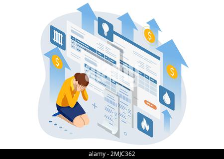 Isometric Online Bill Payment. Home Utilities Bill Payment Services Concept. Gas, Water, Electricity Supply. Save energy, pay utility bills. High Stock Vector