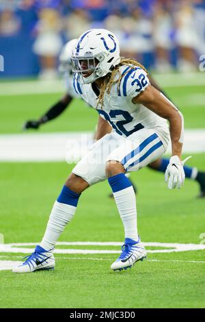 Indianapolis Colts cornerback Jalen Collins (32) lines up against the  Cleveland Browns during an NFL preseason football game in Indianapolis,  Saturday, Aug. 17, 2019. The Browns won the game 21-18. (Jeff Haynes/AP