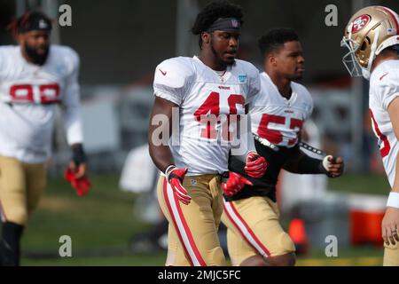 San Francisco 49ers linebacker Azeez Al-Shaair (51) stands on the sideline  during an NFL football game against the Arizona Cardinals, Sunday, Jan.8,  2023, in Santa Clara, Calif. (AP Photo/Scot Tucker Stock Photo 