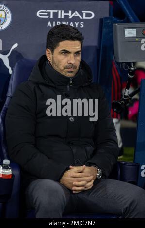 Manchester, UK. 28th Jan, 2023. Arsenal's manager Mikel Arteta reacts before the FA Cup fourth round match between Manchester City and Arsenal in Manchester, Britain, Jan. 27, 2023. Credit: Xinhua/Alamy Live News Stock Photo