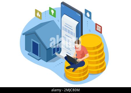 Isometric Online Bill Payment. Home Utilities Bill Payment Services Concept. Gas, Water, Electricity Supply. Save energy, pay utility bills Stock Vector