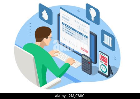 Isometric Online Bill Payment. Home Utilities Bill Payment Services Concept. Gas, Water, Electricity Supply. Save energy, pay utility bills Stock Vector