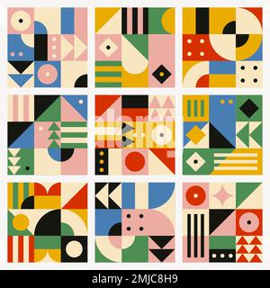 Bauhaus inspired seamless pattern vector flat design set Stock Vector