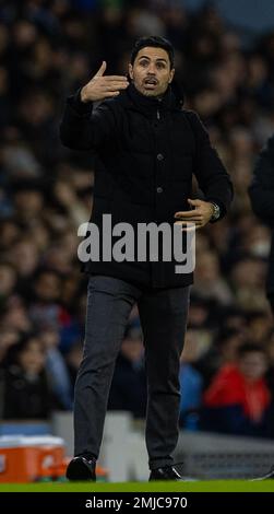 Manchester, UK. 28th Jan, 2023. Arsenal's manager Mikel Arteta gestures during the FA Cup fourth round match between Manchester City and Arsenal in Manchester, Britain, Jan. 27, 2023. Credit: Xinhua/Alamy Live News Stock Photo