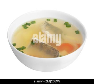 Delicious fish soup in bowl isolated on white Stock Photo