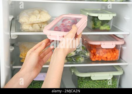 Containers and plastic bags with frozen vegetables in refrigerator Stock  Photo - Alamy