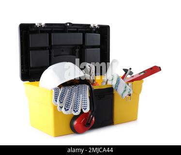 Construction tools in box isolated on white Stock Photo